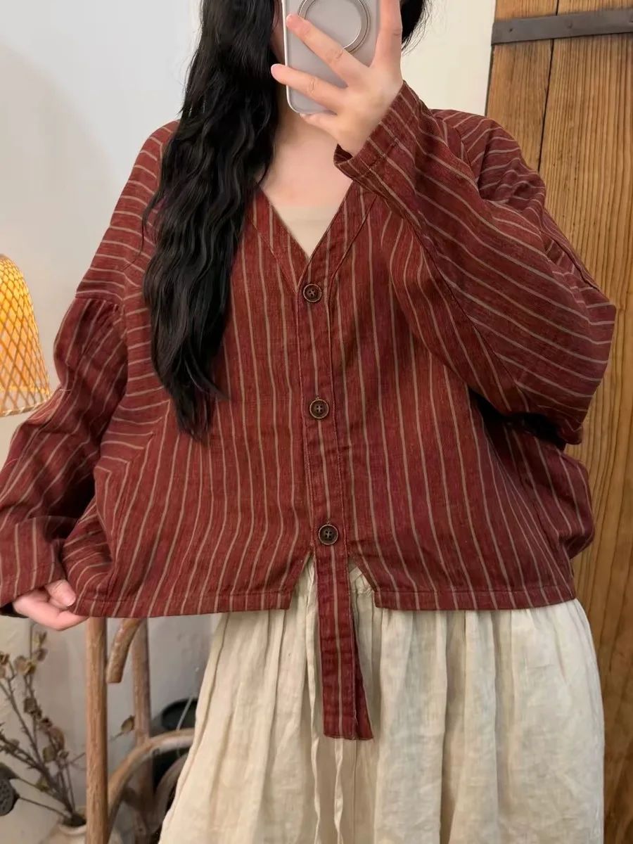 Authentic Three-Button Casual Stripe Design Jacket Versatile Straight-Body Fit Long-Sleeve V-Neck Autumn Outerwear