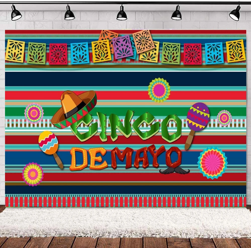Fiesta Theme Photography Backdrop Mexico Cinco De Mayo Colorful Striped Banner Birthday Party Decor Photoshoot Background
