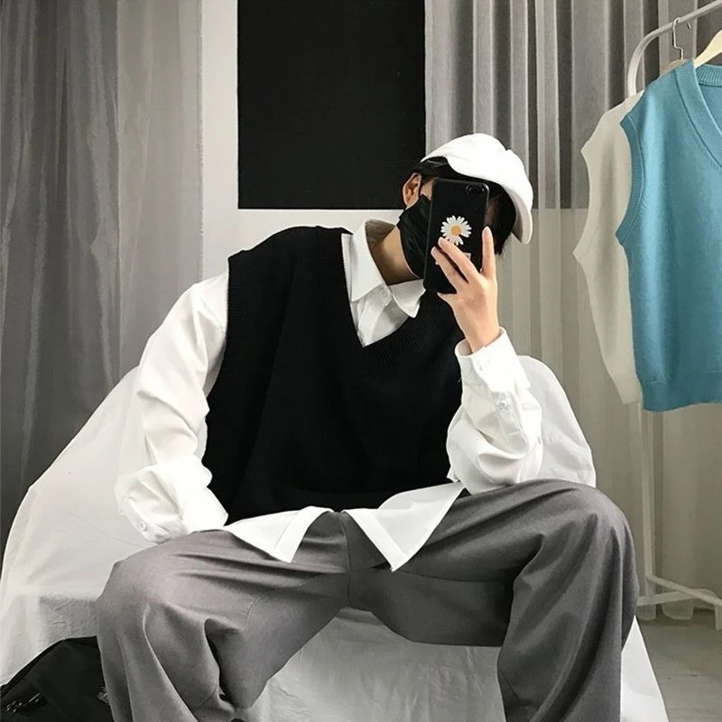 

Мужской осенний однотонный свободный крой в корейском стиле без рукавов с v-образным вырезом и круглым вырезом, вязаный жилет, трикотаж, повседневный уличный жилет