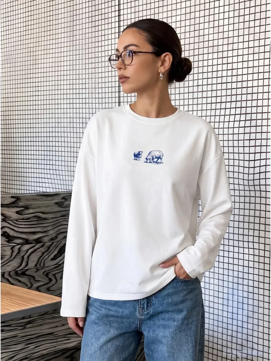 Autumn Women's Cute Two Sheep Chest Graphic Print Long Sleeve 100% Cotton Casual Basic T Shirt Loose Basic Commute Wear Top
