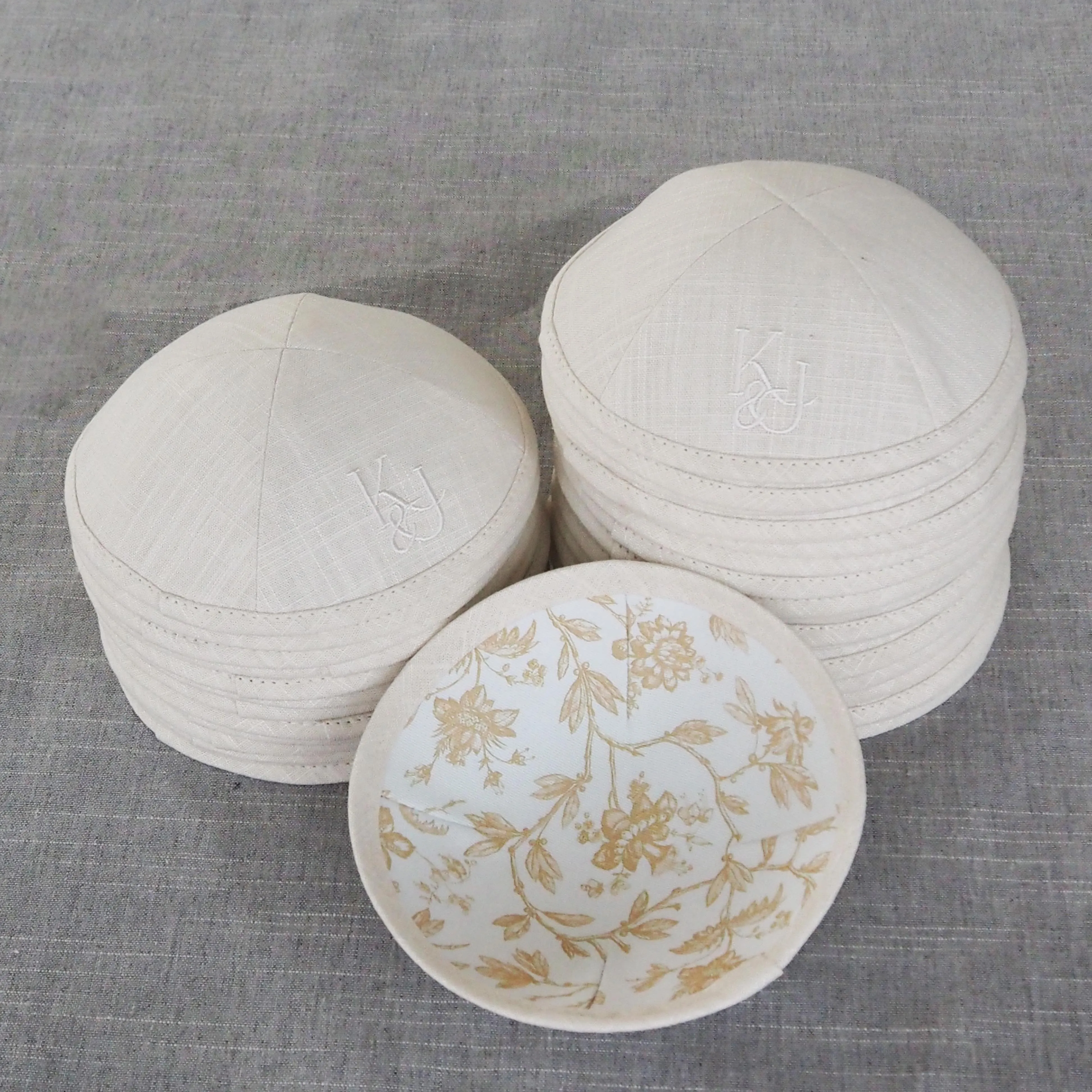 Classic Natural Linen Kippah, Custom Embroidered & Digital Printed Jewish Yarmulke, Perfect for Weddings