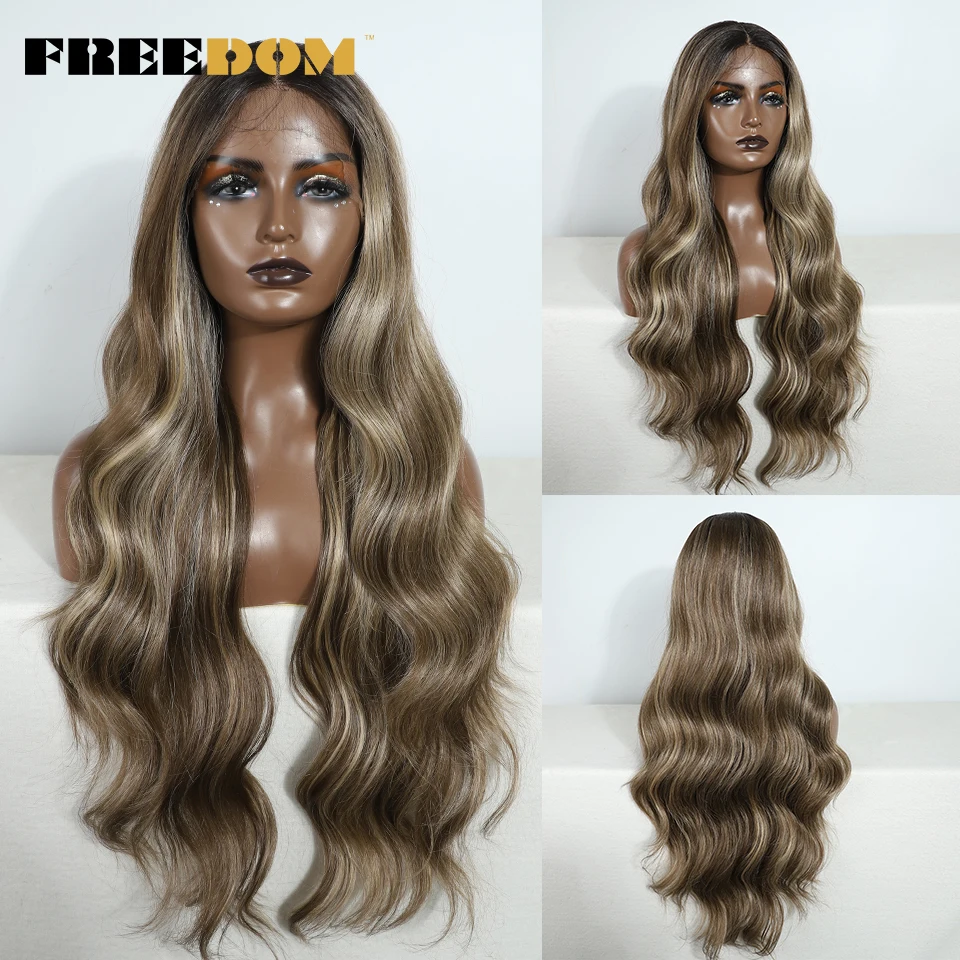 

FREEDOM Synthetic Lace Front Wigs For Black Women 30 Inch Long Body Wavy T Part Lace Wig Ombre Blonde Brown White Cosplay Wig