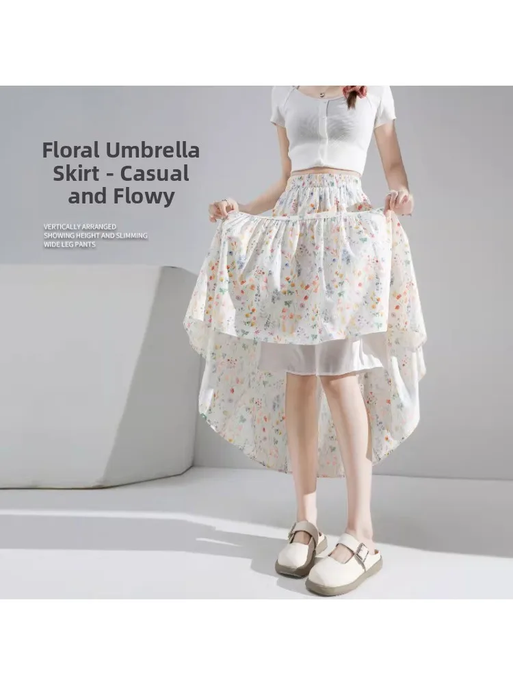 Falda Midi con Estampado Floral, Talla Grande, Corte en A, Cintura Alta, Estilo Paraguas, para Mujer, Verano, Casual, Cómoda, Media Pierna