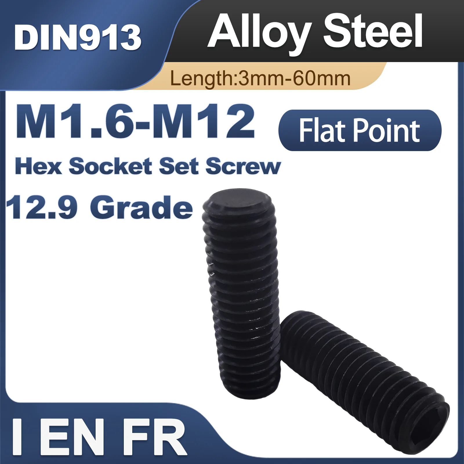 Hexagon Socket Set Screws Flat Point High-Strength 12.9 Grade M1.6 M2 M2.5 M3 M4 M5 M6 M8-M12 Allen Grub Headless Screw DIN913