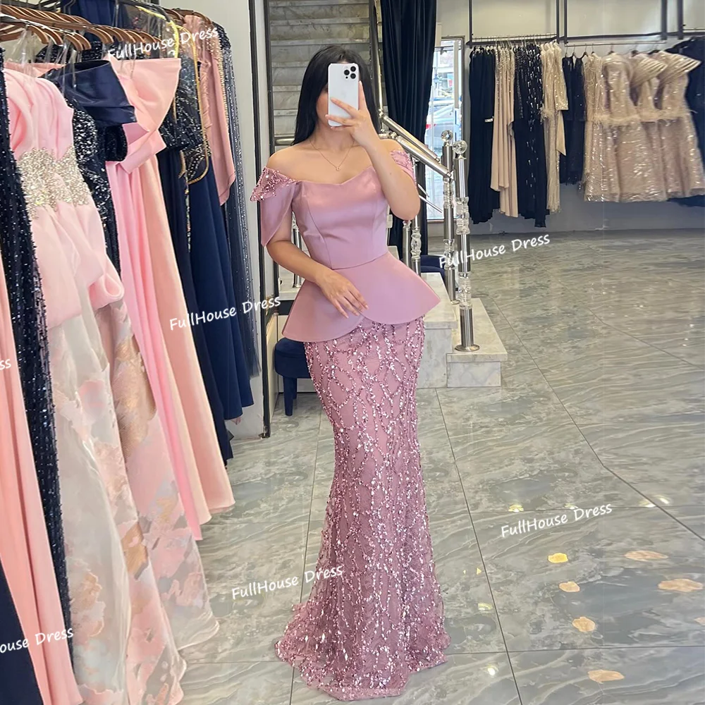 Op maat gemaakte fantastische tweedelige off-shoulder kralen sexy schede rugloze lange feestjurk met trein Mohamed soi