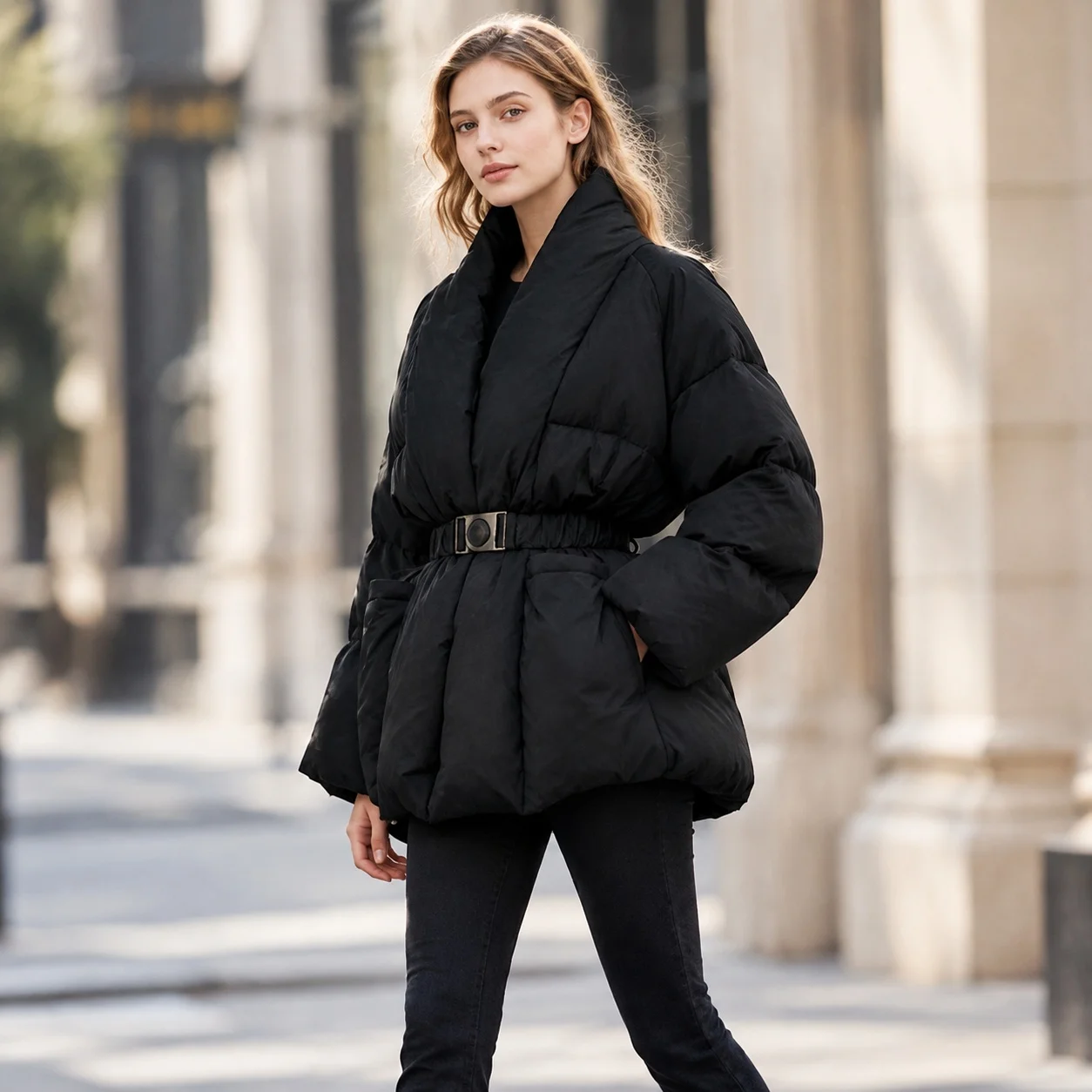 No Hood Tie Coat Regular Length Commuter Chic with Minimalist Stand Collar Long Sleeves Patchwork Women Single Puffer Jacket