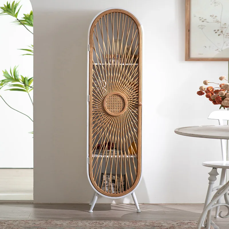 

Pastoral rattan entrance cabinet, homestay retro narrow cabinet, American white wrought iron multi-layer display cabinet