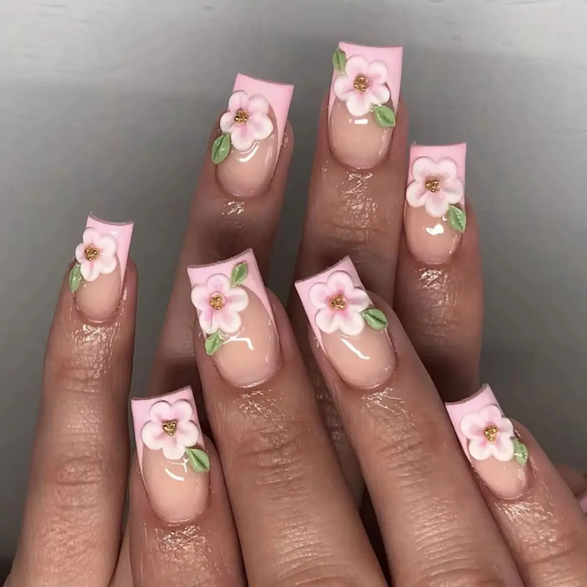 24 pçs flor rosa floral imprensa em unhas de comprimento médio quadrado acrílico unhas falsas glitter em pó design prego simples francês unhas falsas
