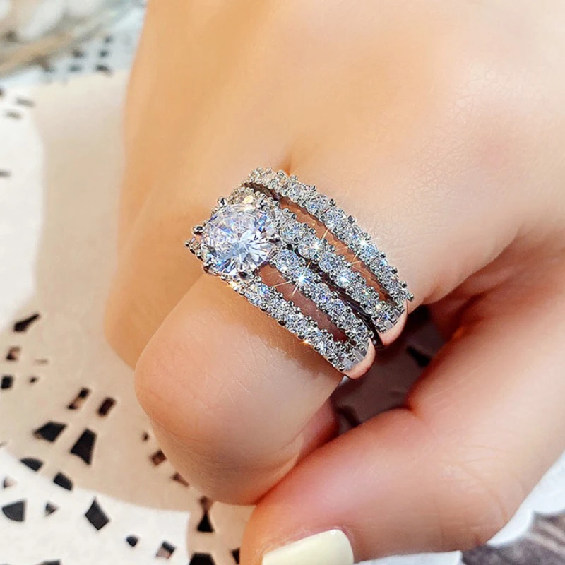 Huitan Trendy Hohl Set Ringe Voll Bling Iced Out CZ Stein Luxus Frauen Hochzeit Verlobung Ringe 2Pcs Set Schmuck drop Shipping – Detail 16
