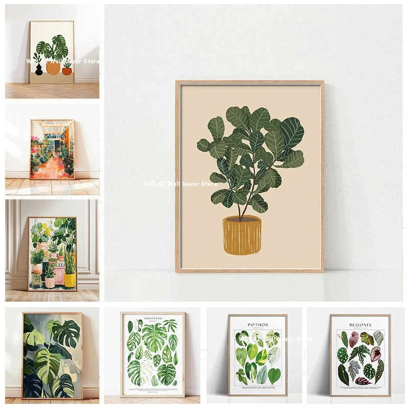 Planta verde en maceta, lienzo tranquilo, hojas impresas, flor de filodendro, planta, Anthurium, póster artístico de pared para dormitorio, decoración del hogar de primavera