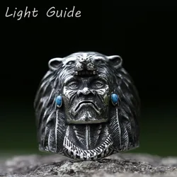 2022 NEW Men's 316L stainless-steel rings Vintage Indian Warrior Biker with wolf Animal Ring Religion Jewelry ree shipping