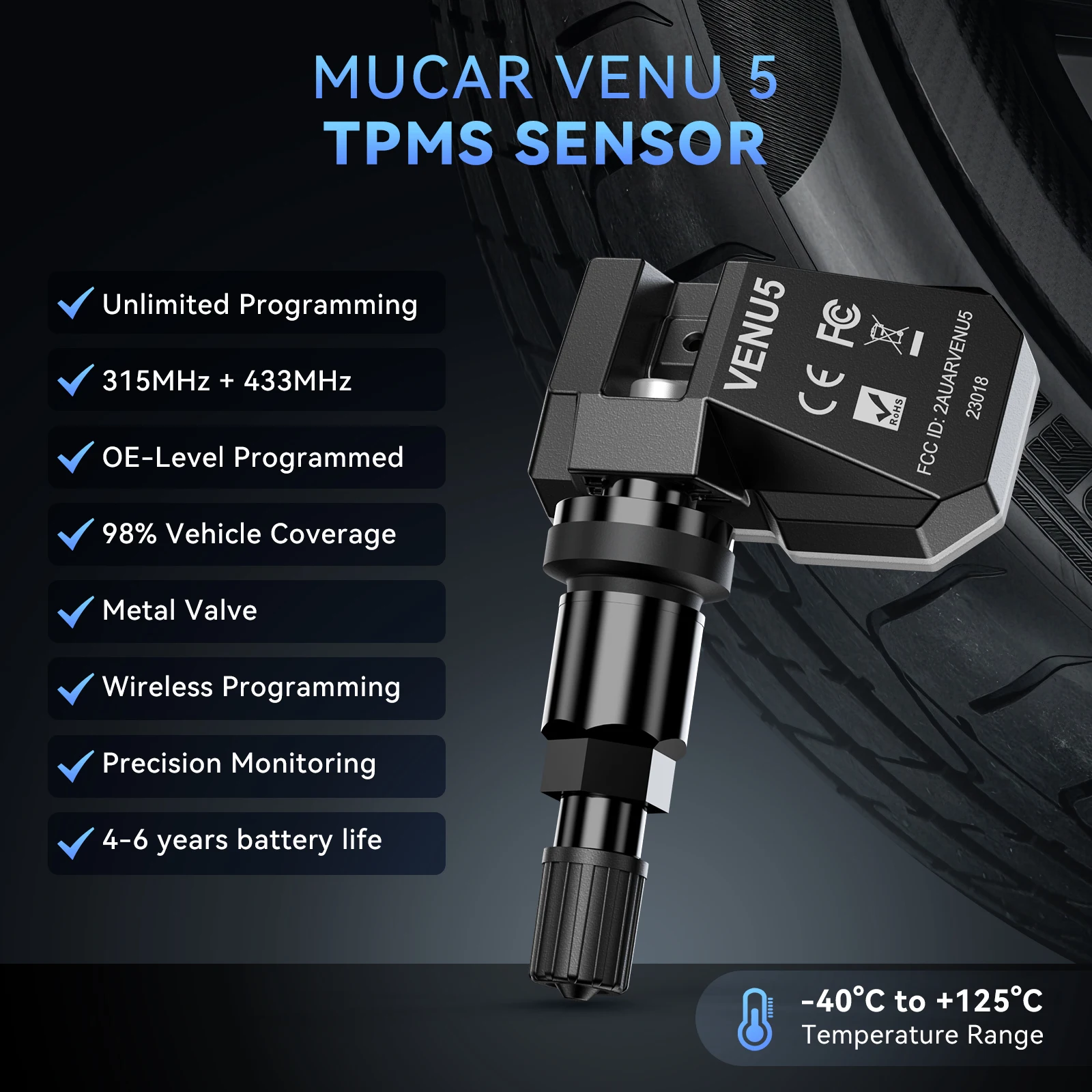 MUCAR VENU 5 Tire Programming Pressure Monitor Tester Sensor 433 315MHZ TPMS Sensor 2 in 1 Tire Repair Tools Scanner 4 PCS Metal