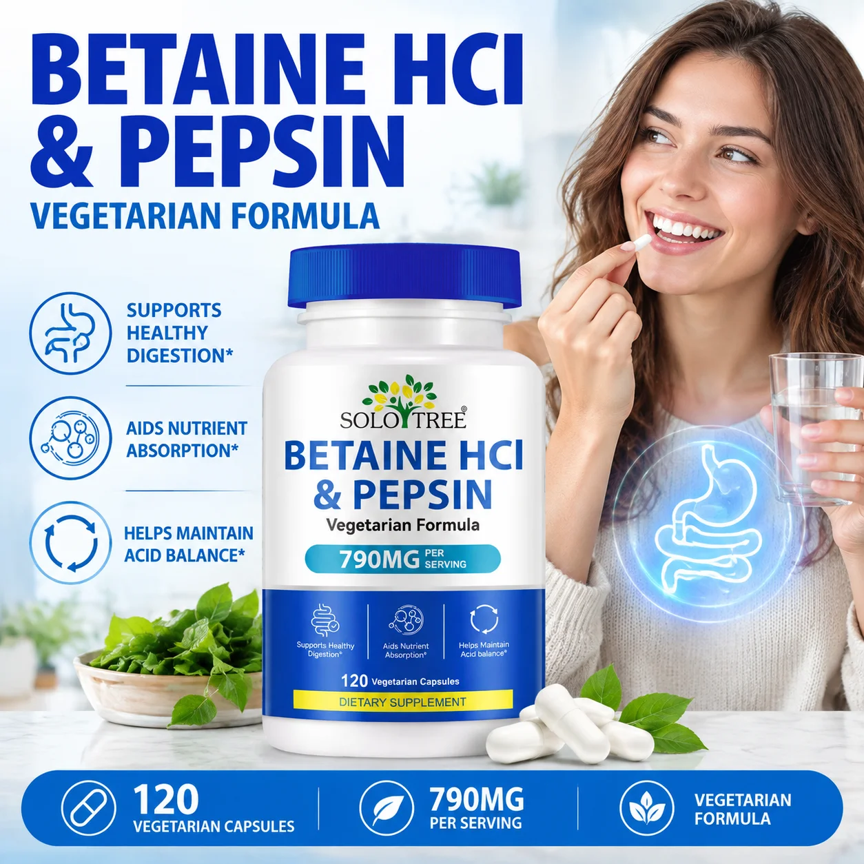 SoloTree Betaine HCl & Pepsin Capsules Promote Digestion Acid Balance Protect The Liver & Stomach Provide Energy 120 Capsules