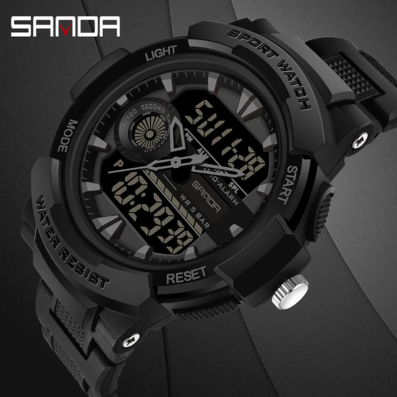 

SANDA Fashion Trend Dual Display Men Watch Sports Style Multifunctional Chronograph Watch Luminous LED Electronic Watches 6002