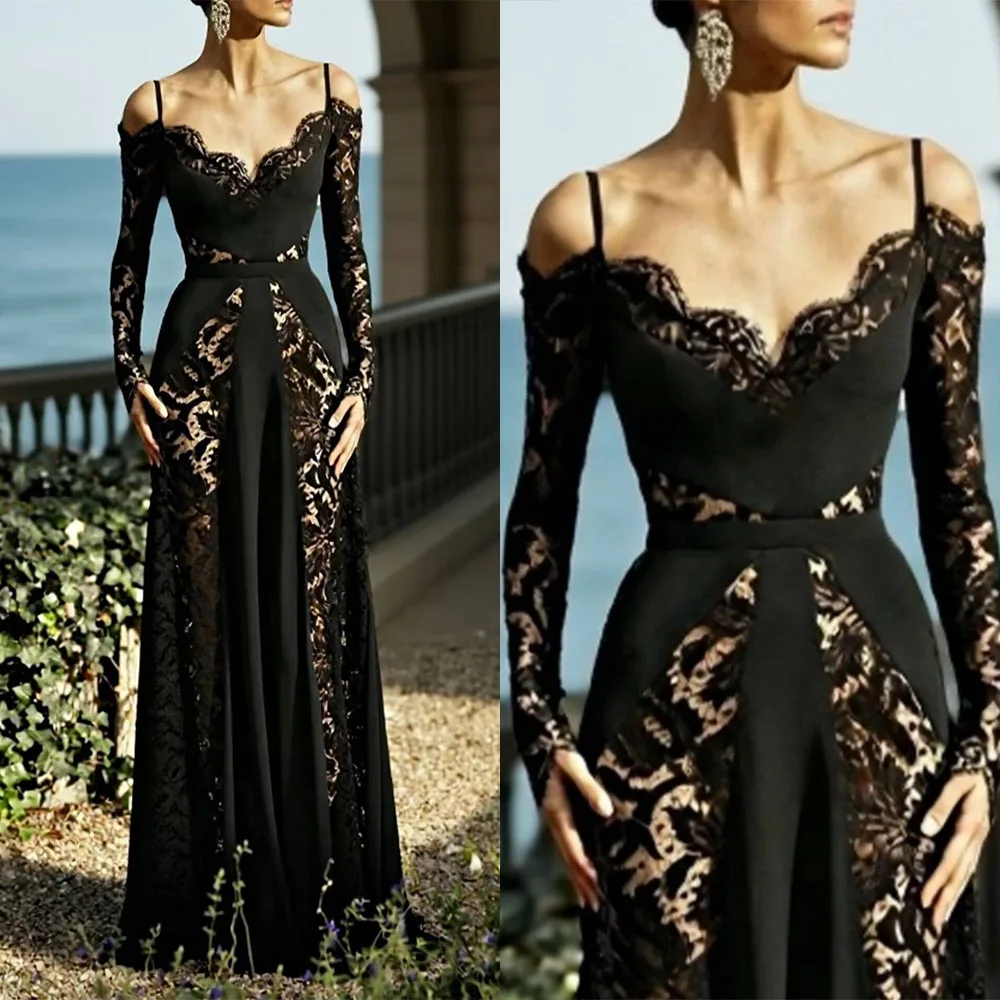 

High Quality Customized Thin Suspenders Floor Length Three Quarter Black Lace V-neck Robe De Soirée Femme شارون سعيد فساتين سهره