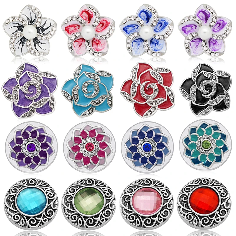 Colorful Rhinestone Beauty Flowers Round Metal 18mm snap buttons for DIY 18mm snap jewelry Accessories Women Gift