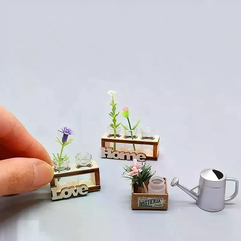1Pcs 1:12 Dollhouse Miniature Hydroponic Wooden Flower Arrangement Stand Mini Glass Flower Vase Model DIY Home Garden Decor Toys