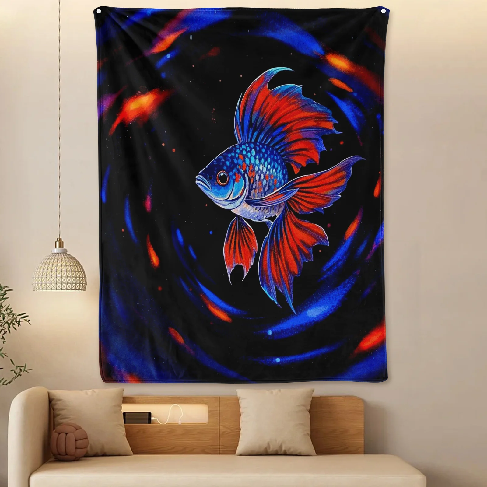 Manta de pez Betta vibrante, diseño de fondo negro, tema de Color rojo y azul, tiro acogedor para decoración del hogar, Idea de regalo, impresionante arte acuático
