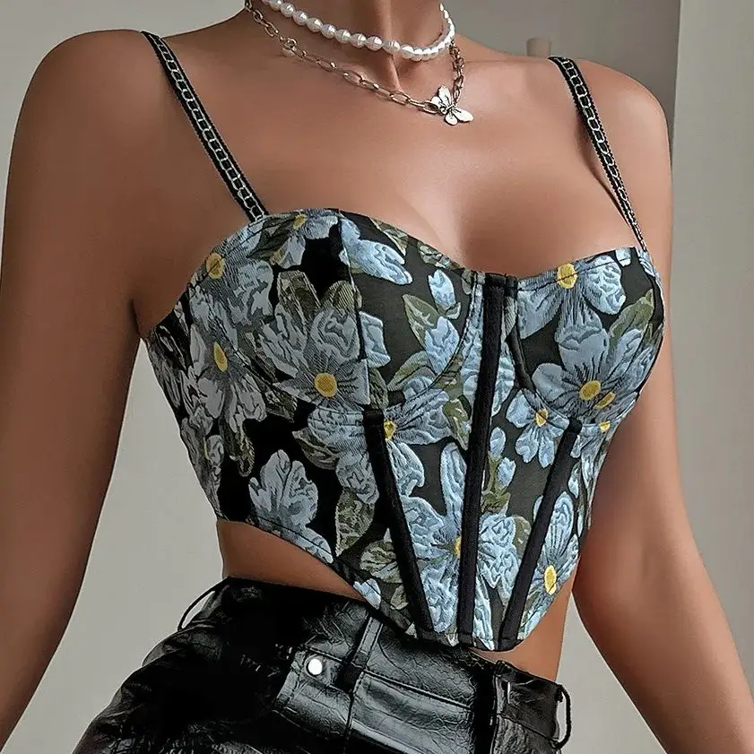 

Floral Lace-up Tank Tops for Women Sexy Sleeveless Halter Crop Top Body Shaper Vest Corset Boned Camisole Slim Lingerie Bustiers