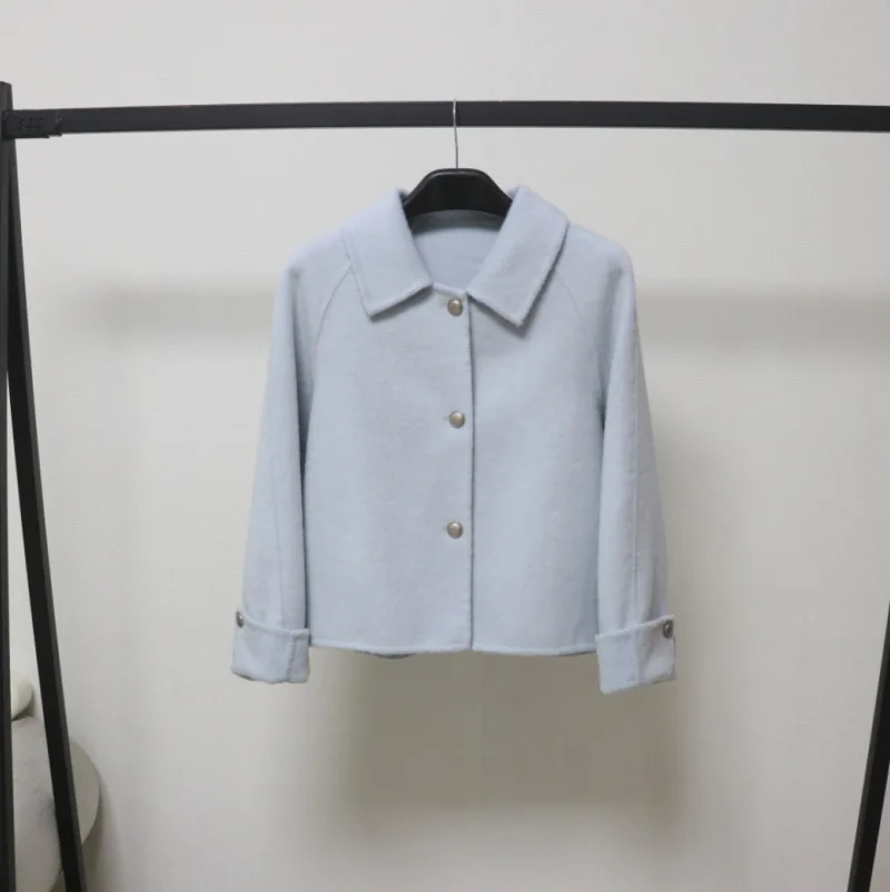 

Women's Autumn Winter Wool Long Sleeve Single Breasted Jacket Lady Turn Down Collar Single Breasted Loose Short Outwear Top