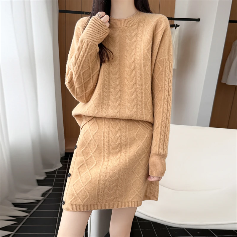 Autumn Winter Thick 100% Pure Wool Two-Piece Set Woman O-Neck Pullover Top A-Line Wrapped Hip Skirt Fashion Short Skirt Ensemble