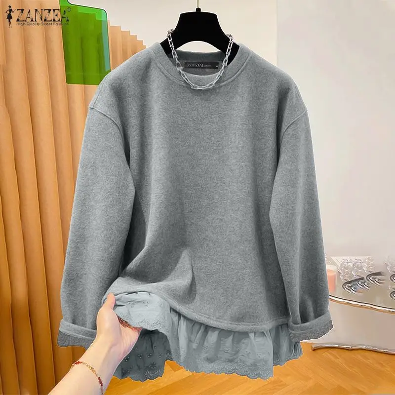 

Модные пуловеры и свитшоты ZANZEA 2026: Весенне-осенние женские джемперы с длинным рукавом, кружевными вставками и пэчворком, повседневные свободные однотонные топы для женщин