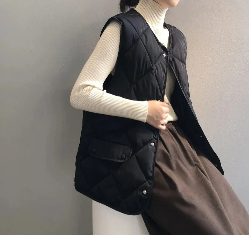 

Women Autumn Winter Quilted Cotton Vest Sleeveless O-neck Loose Padded Waistvest Single Breasted Casual Ultralight Portable Vest