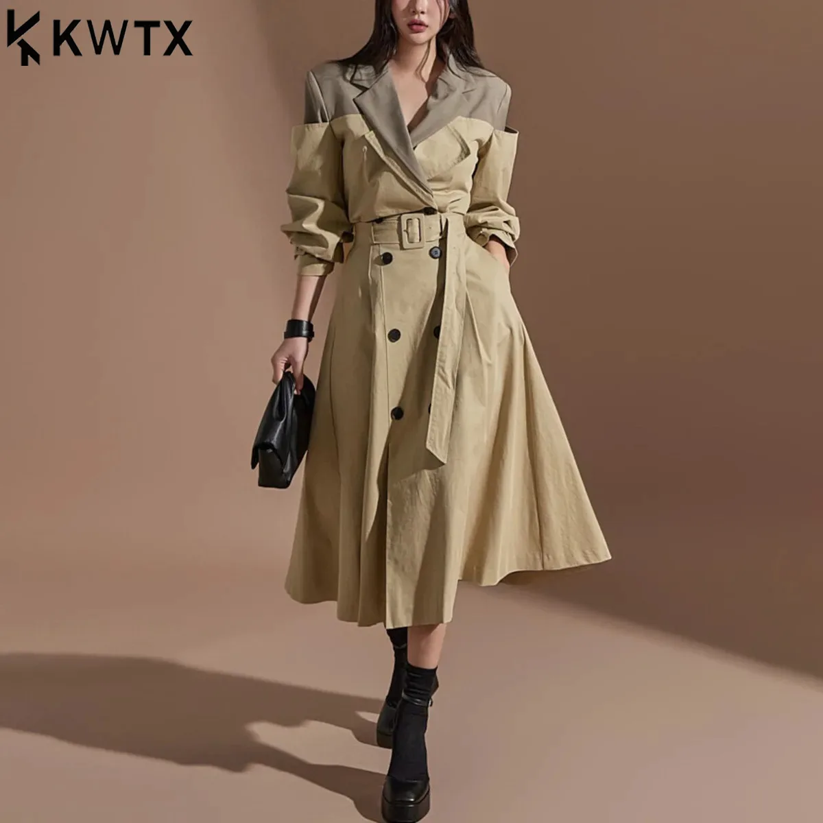 

KWTX 2025 Autumn Women's Elegant Contrast Color Short Jacket With High Waist Double Breasted Skirt Dress Belted Chic Trench Coat
