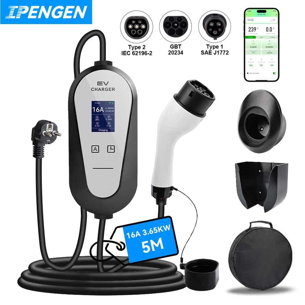 

IPENGEN Type2 EV Charger WIFI APP Control 16A 3.5KW GBT 5M Cable Type1 Portable Charging Box Set Charging DelayTime for EV Cars