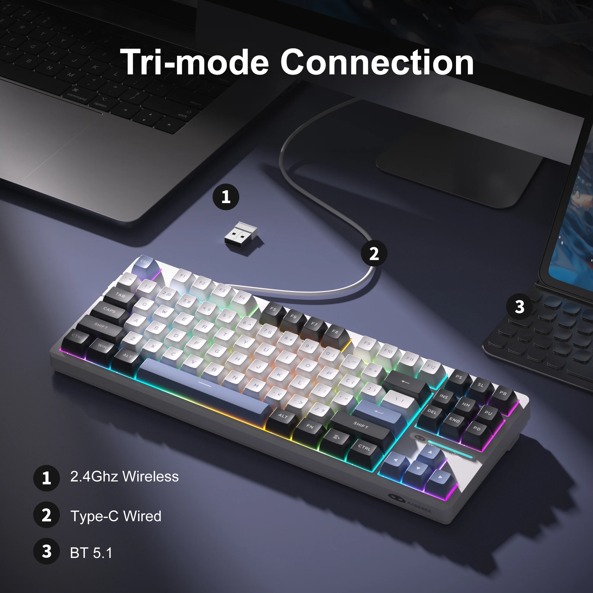 MageGee Light87 Wireless Mechanical Keyboard 2.4G/USB-C/BT5.0 Hot-swappable 87Keys RGB Gaming Gasket Keyboard for Games and Work