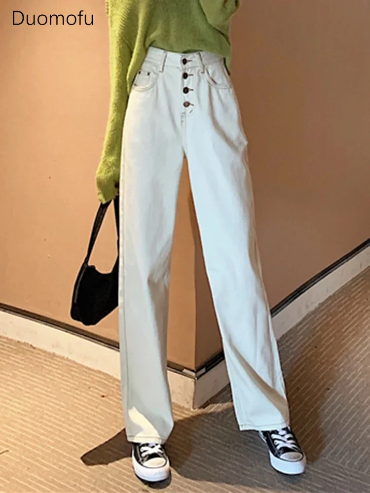 Duomofu الكورية شيك سستة زر فضفاض جينز الإناث غير رسمية الصيف جديد عالية الخصر سليم موضة خمر مستقيم S-L النساء الجينز