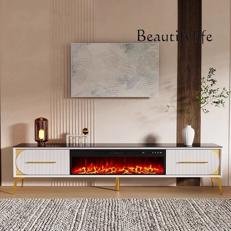 Light luxury fireplace TV cabinet living room simulation flame solid wood rock slab decorative fireplace rack heating furnace