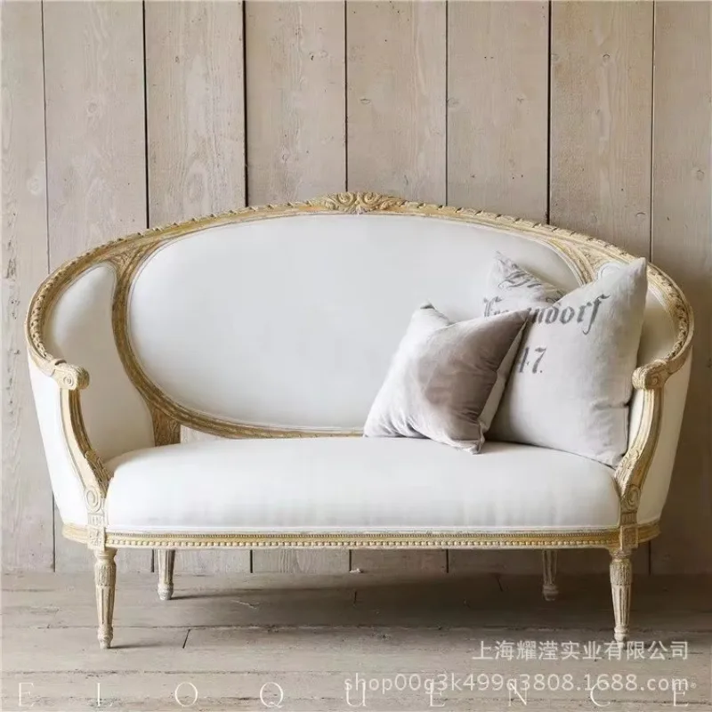 

American solid wood sofa, furniture oak carved retro double sofa