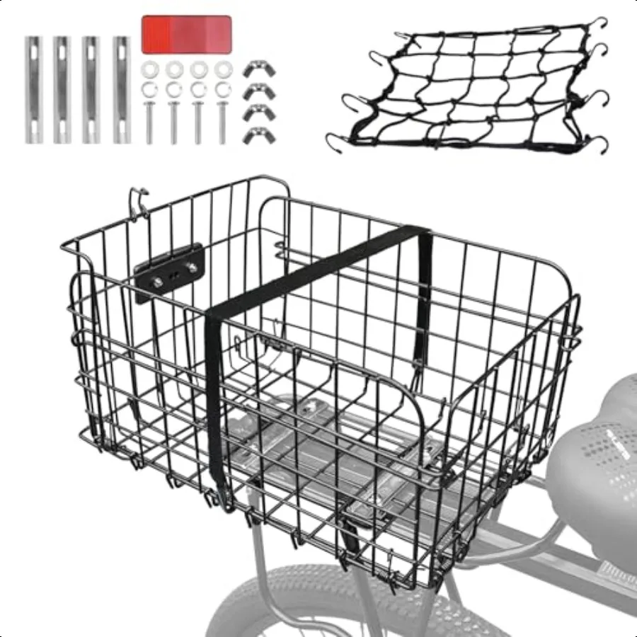 

Rear Bike BasketBike Rack Basket Folding Rear Bike Basket Quickly Detachable Metal Bicycle Rack Cargo Basket with Strap Reflect