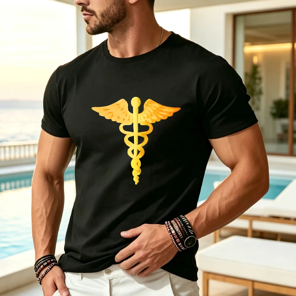 Men's & Women's 100% Nursing T-Shirt with Caduceus Symbol - Medical Doctor RN Physician Student Apparel, Retro Round Neck Tee, 220GSM Comfortable Casual Uniform for Healthcare Professionals, Year-Round Wear