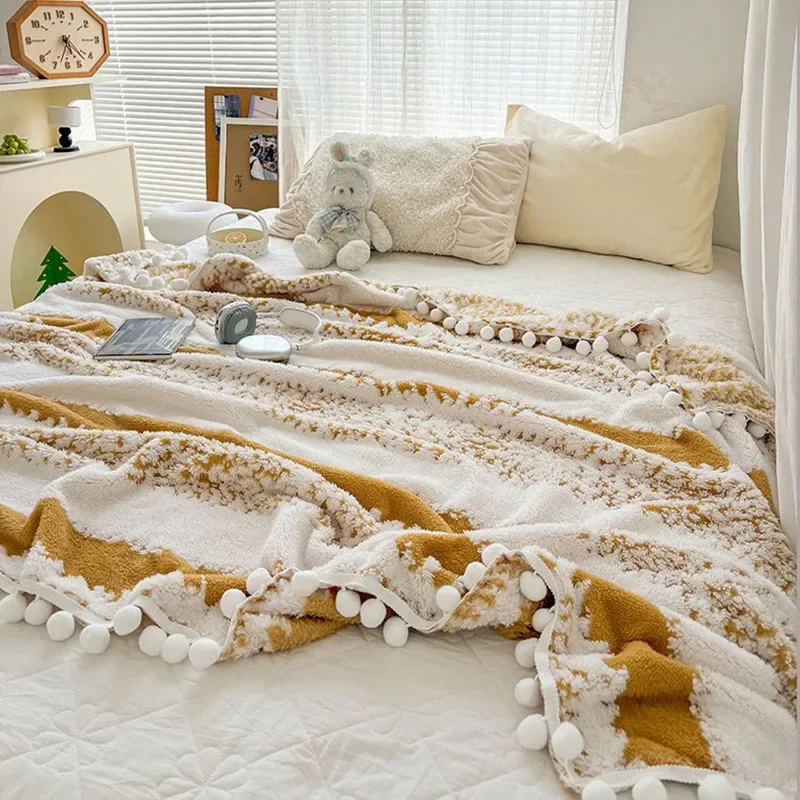 Soft Jacquard Blankets with Fluffy Ball Lace Double Sided Fluff Warm Nap Blanket Machine Washable Sofa Cover for All Seasons
