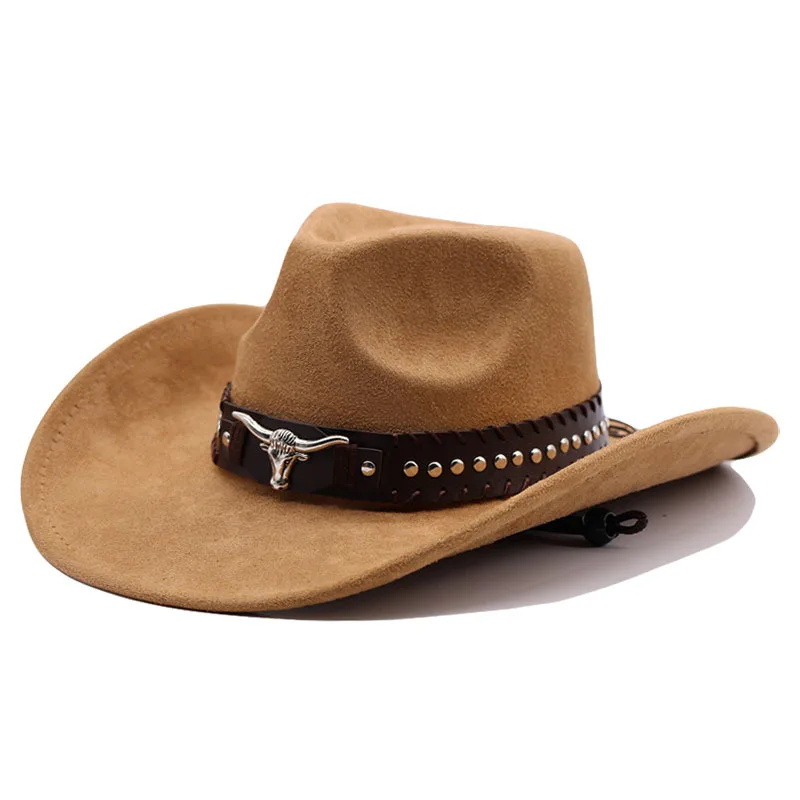 Western cowboyhoed met stierenkopnieten, gebogen rand, winddicht koord en vilt, geschikt voor buitenritten en jazzhoeden.