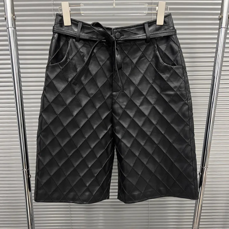 HKSH Spring Autumn New Women Shorts Diamond Plaid PU Leather Pockets Elegant Versatile Punk Trend Straight Cropped Pants HK17021