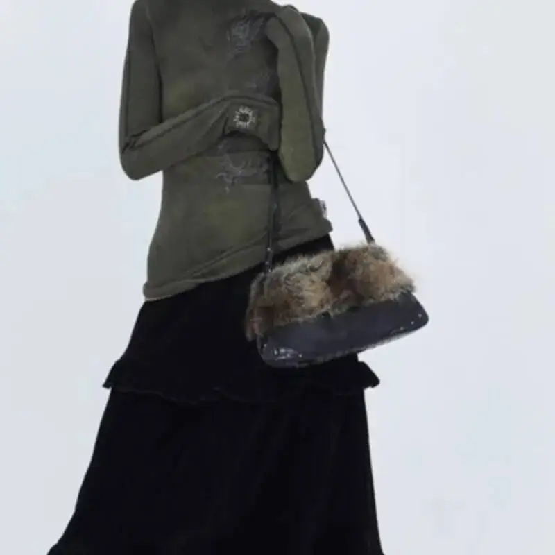 Bloom Vintage Black Plush Shoulder Bags Women Hot Girl Sweet Cool Studded Star Embroidery Handbag Ladies Y2k Punk Underarm Bag