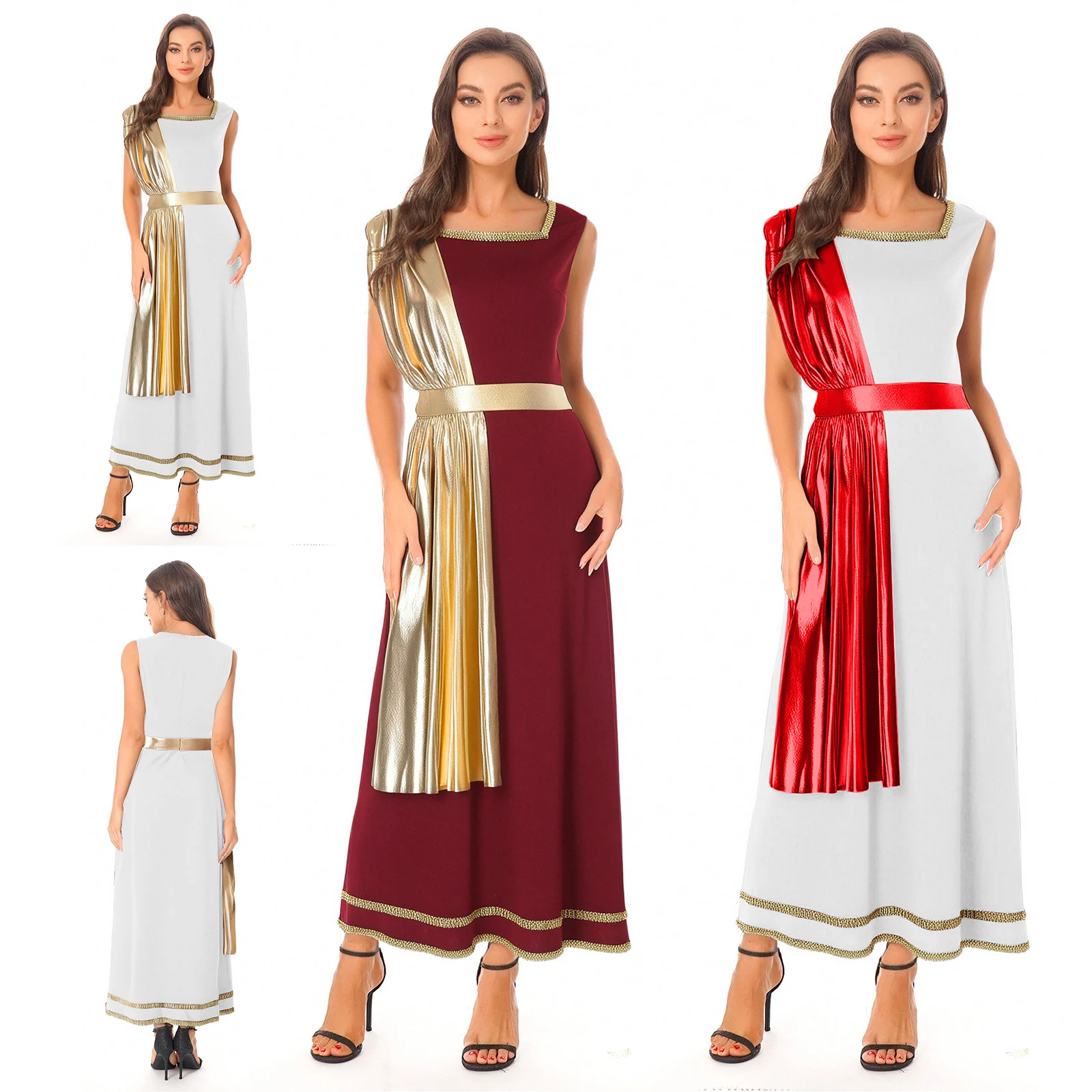 

Women Ancient Rome Queen Princess Tunic Dress Sleeveless Gold Trim Halloween Tunic Drape Robe Toga for Carnival Party Cosplay