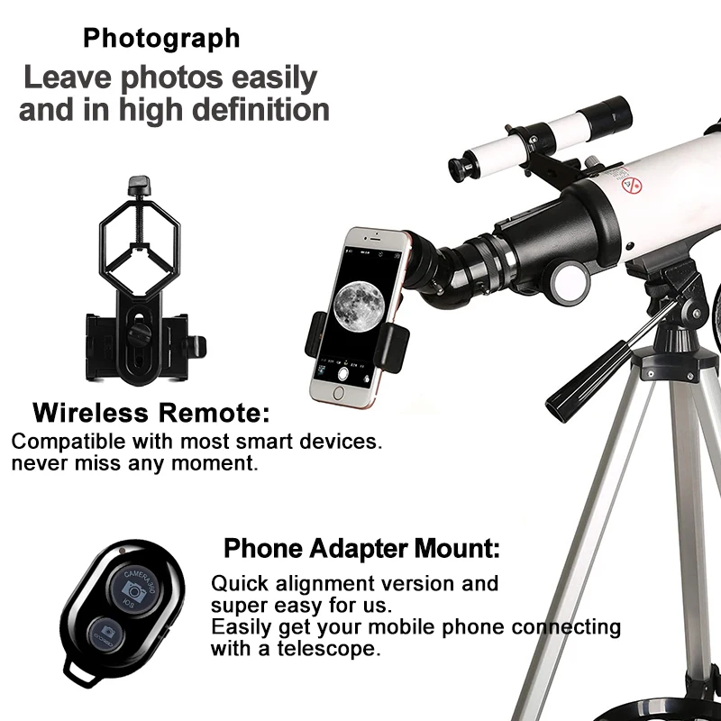 Imagem -02 - Telescópios Astronômicos do Espaço do Telescópio da Abertura do Refrator de 20x200x 70 mm Monocular para Iniciantes da Astronomia com Adaptador do Telefone