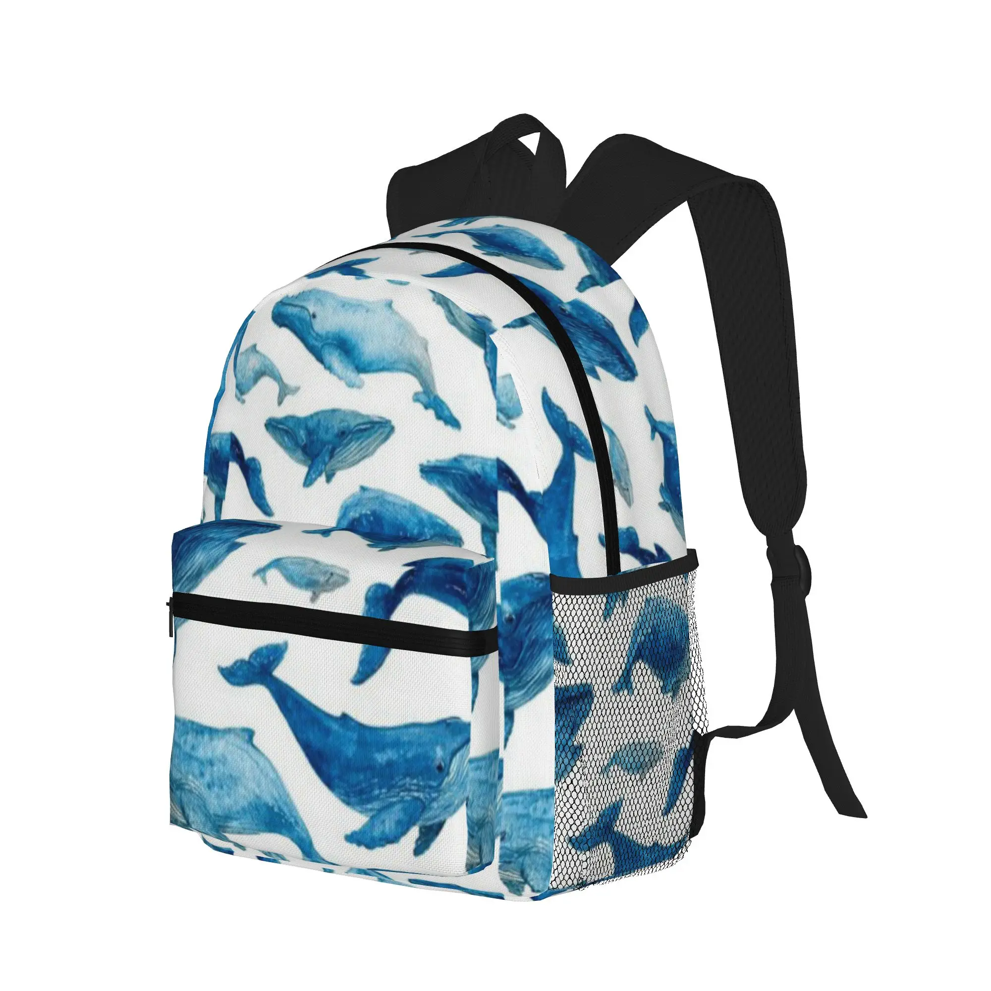Monochrome Blue Watercolour Whale Ocean on White  Casual Backpack for Students and Adults Bag
