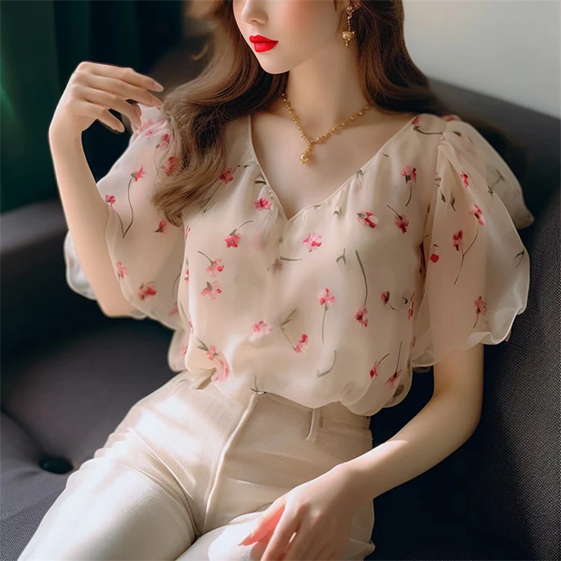 New Women Stylish Floral Print Sweet Blouses Fairy V Neck Short Sleeve Shirts Elegant Chic Loose Tops Blusa De Mujer Verano 2024