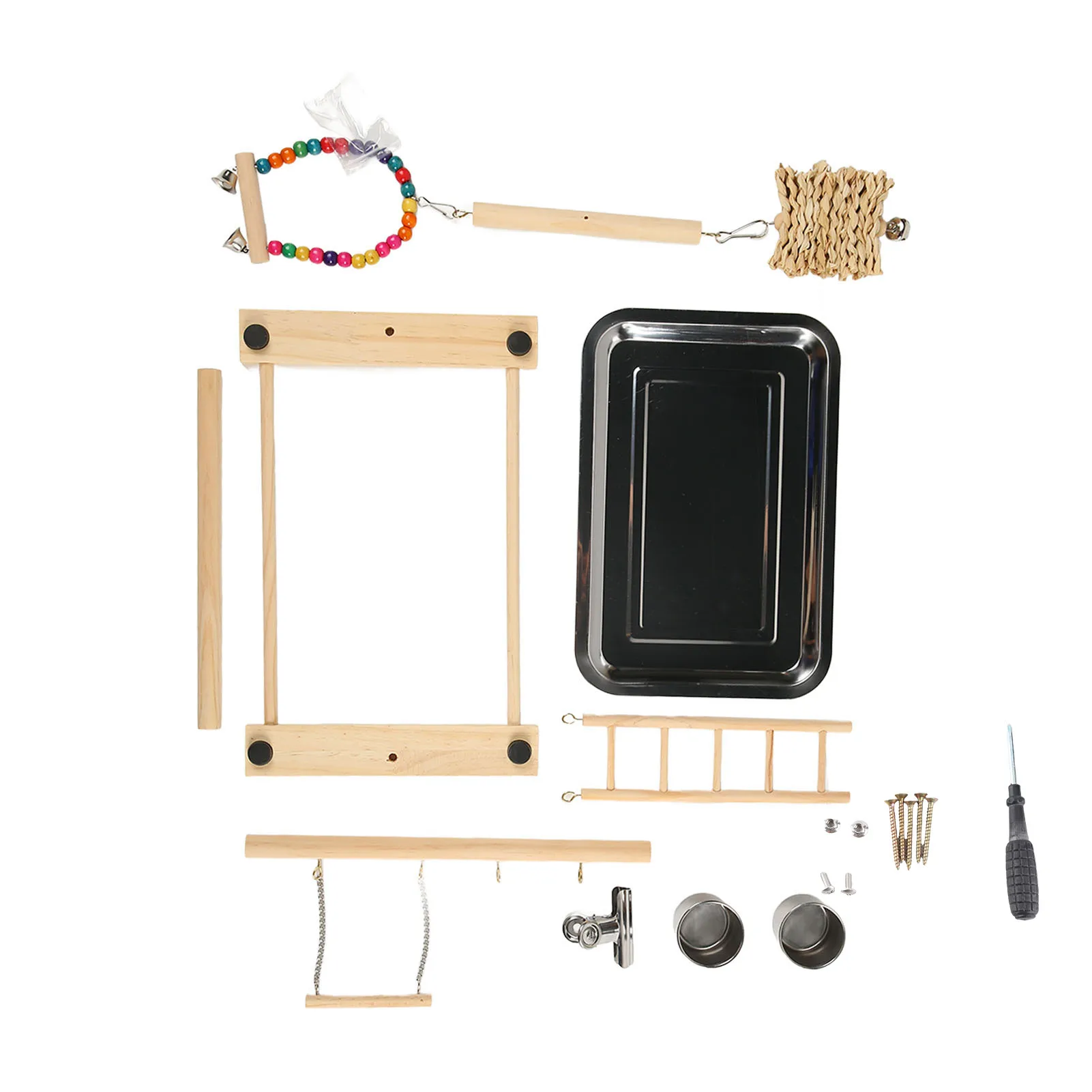 

Wood Parrot Playstand Stand for Birds Parrots, Size 23x36x41cm, Material Pine Stainless Steel Corn Husk, 2 Feeding Cups,