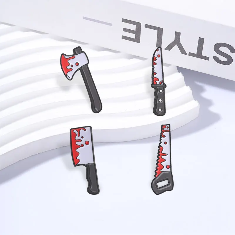Dripping Blood Axe Knife Hand Saw Badge Enamel Pin Vintage Horror Halloween Movie Inspiration Badge Bag Lapel Brooch Jewelry Pin