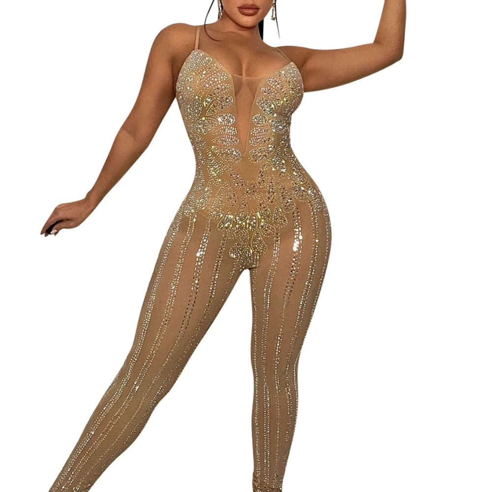 

Women Sexy Sheer Mesh Pacthwork Rhinestone Decor Sleeveless Skinny Jumpsuit Romper Birthday Party Evening Club Night Outfits