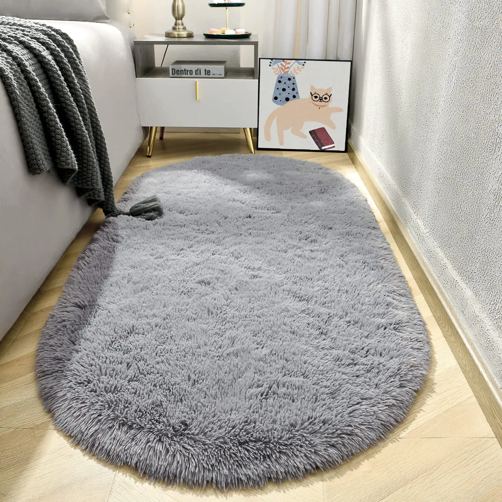 Luxury Grey Oval Rug For Living Room Sofa Area Rug Soft Shaggy Bedroom Rug Thick Plush Carpet For Kids Room Bedside Nursery Mats