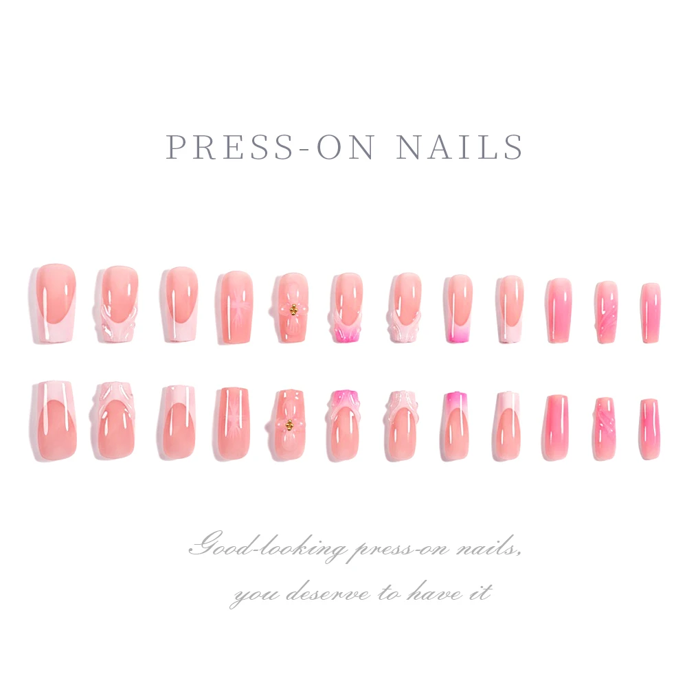 24PC Square Medium White French Press On Nails 3D Rosa Blumendekoration Nude Full Cover Wearable False Nail Valentine Fake Nail