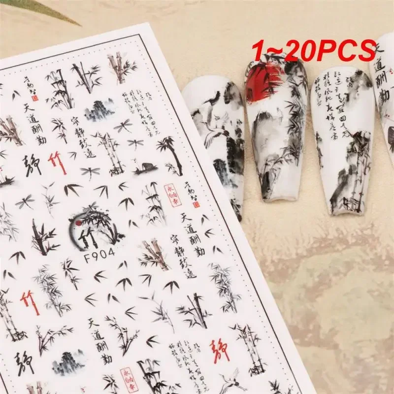 1~20PCS Chinese Characters Nail Stickers Watercolor Flowers Bamboo Leaf Sliders Moutain Crane Birds Decals Letters Manicure