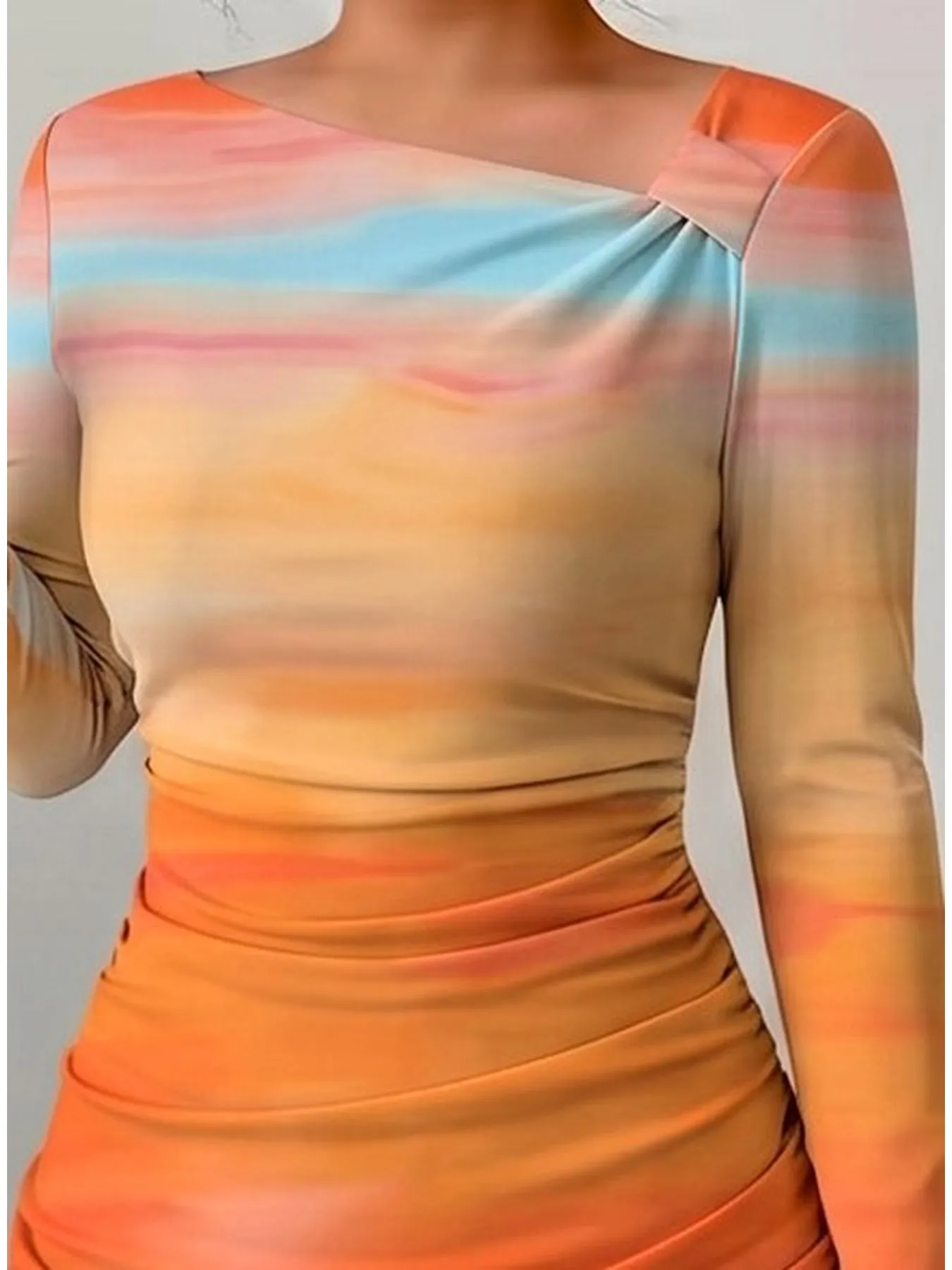Damen Batik-Langarmkleid mit Diagonaler Schultertasche, Minirock, Hüftlänge, Modische Bequeme Kleidung – Detail 7